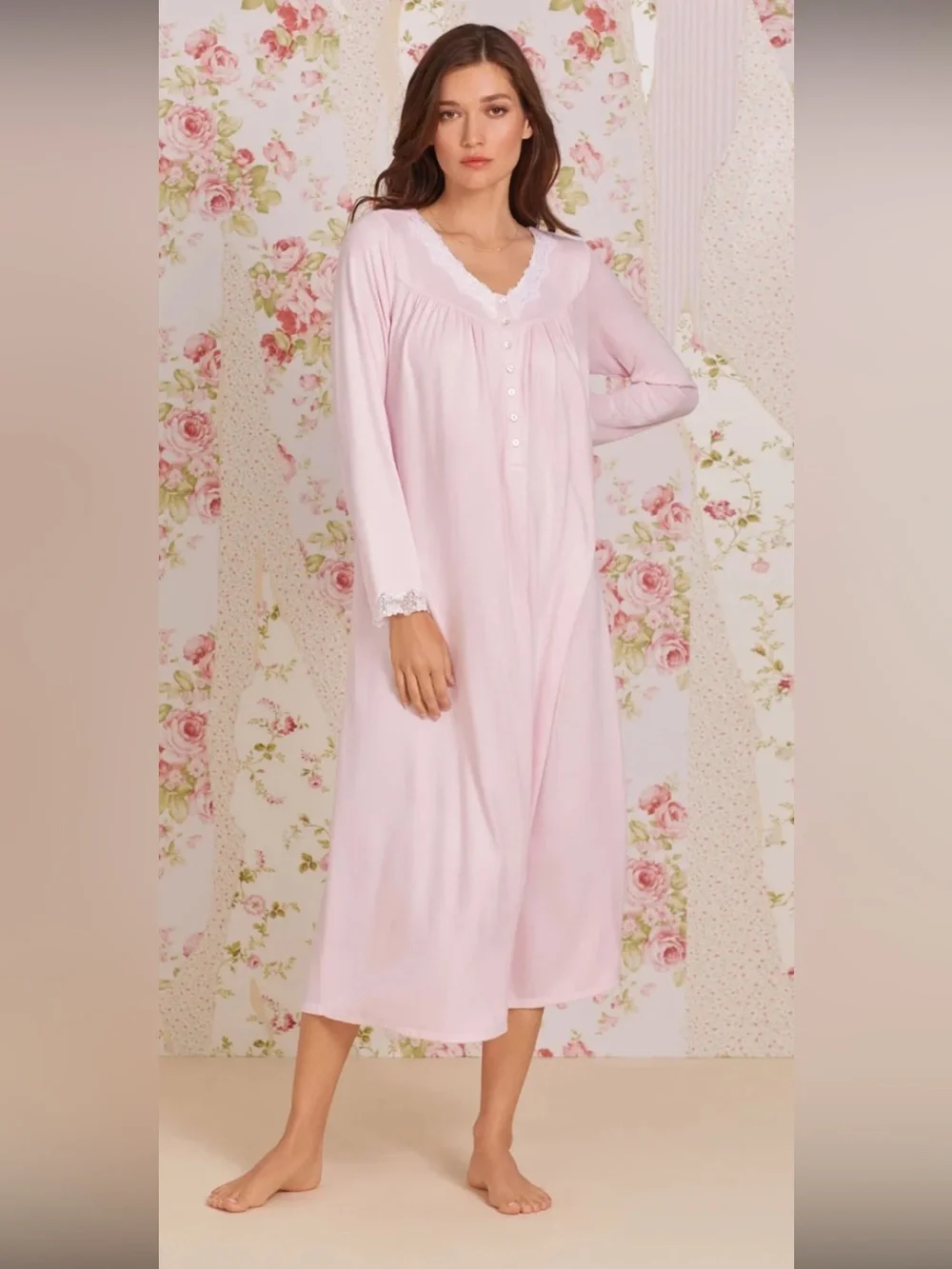 Eileen West Lace Trim Sweater Knit Ballet Nightgown Pink Size S Cottage Grandma